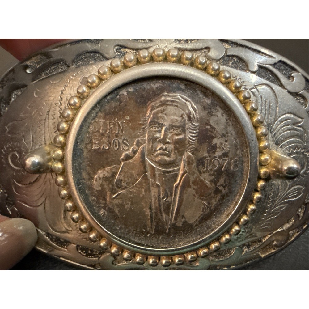 Vintage 1978 Silver Cein Pesos Coin Belt Buckle